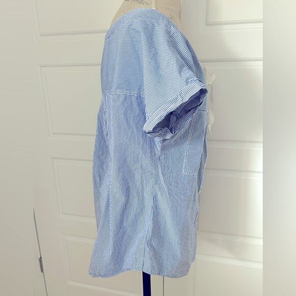 Theory blue striped cotton tie front short sleeve blouse top size medium button - Picture 5 of 10